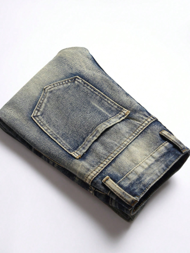 Men's Ripped Patchwork Jeans — Darned Knees, Slim Stretch Straight Leg, view 6