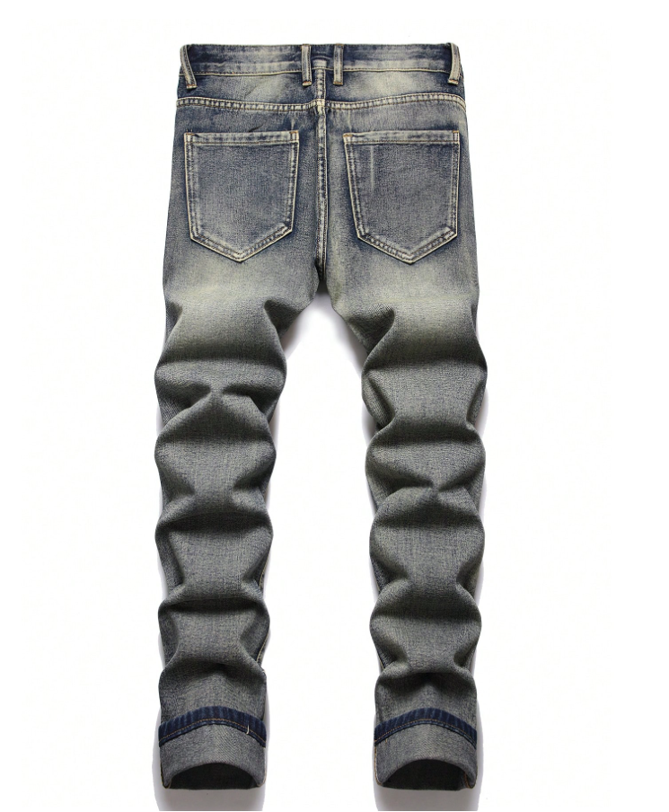 Men's Ripped Patchwork Jeans — Darned Knees, Slim Stretch Straight Leg, view 3