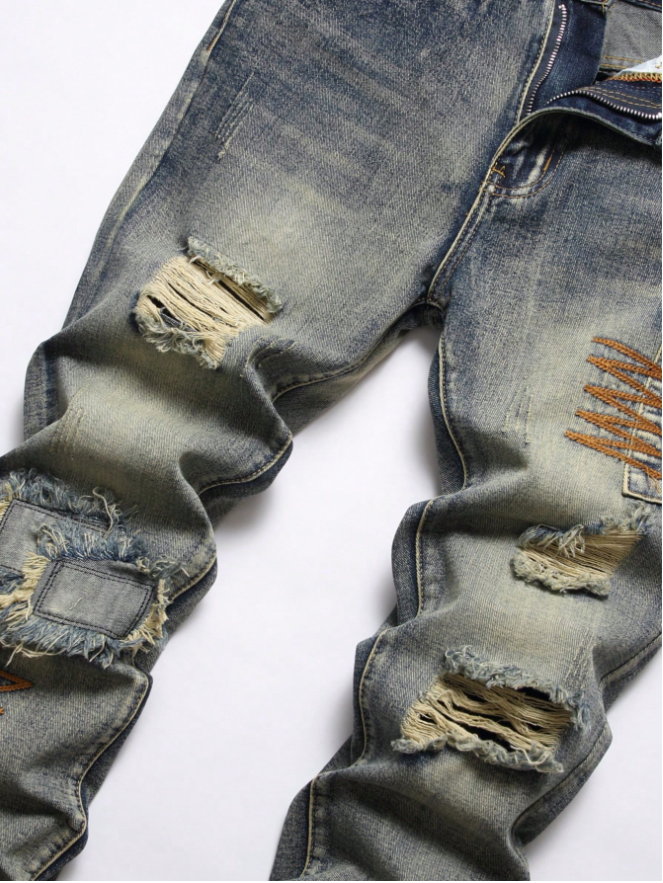 Men's Ripped Patchwork Jeans — Darned Knees, Slim Stretch Straight Leg, view 2