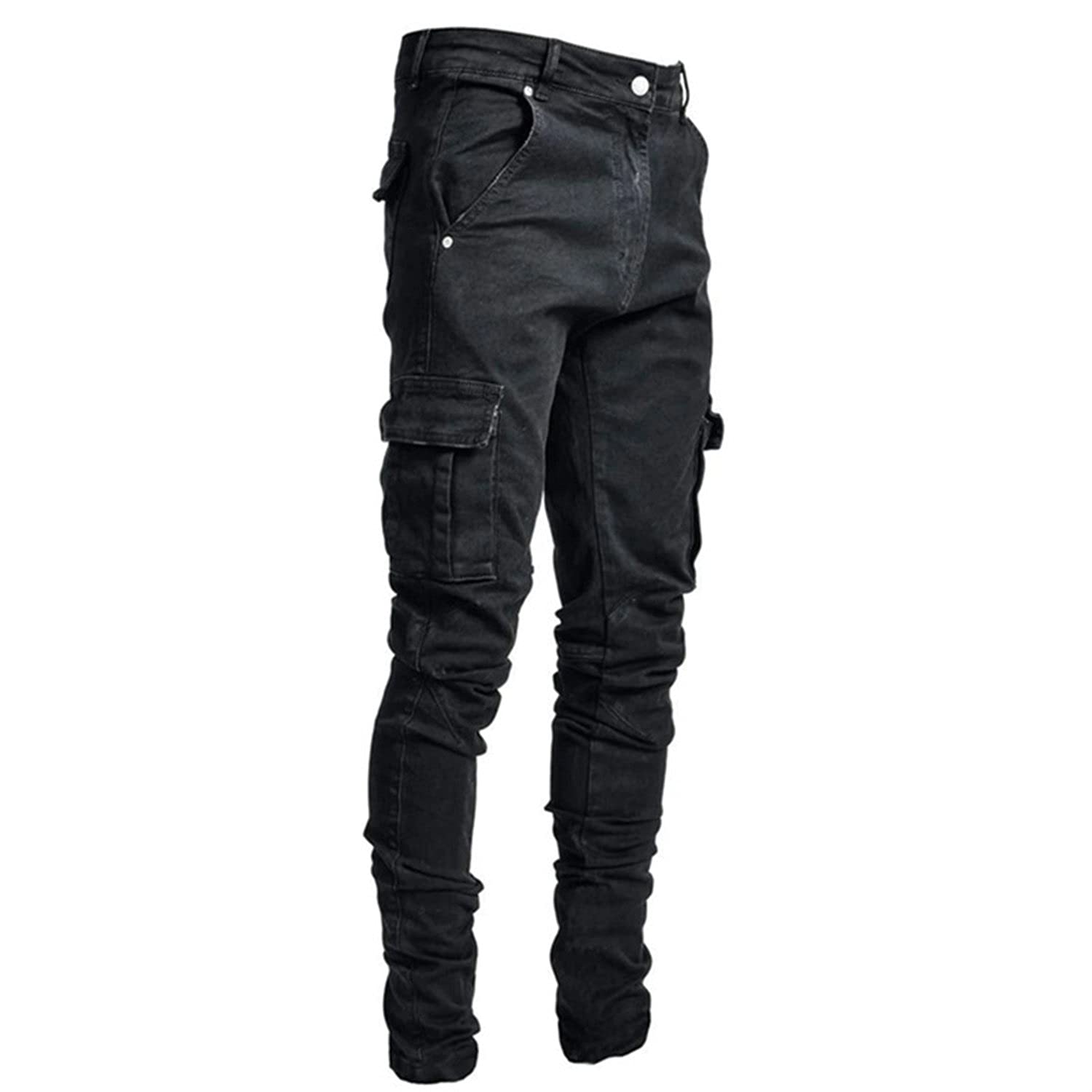 Men's Black Stretch Denim Cargo Jeans — Slim Taper, Flap Pockets, view 2
