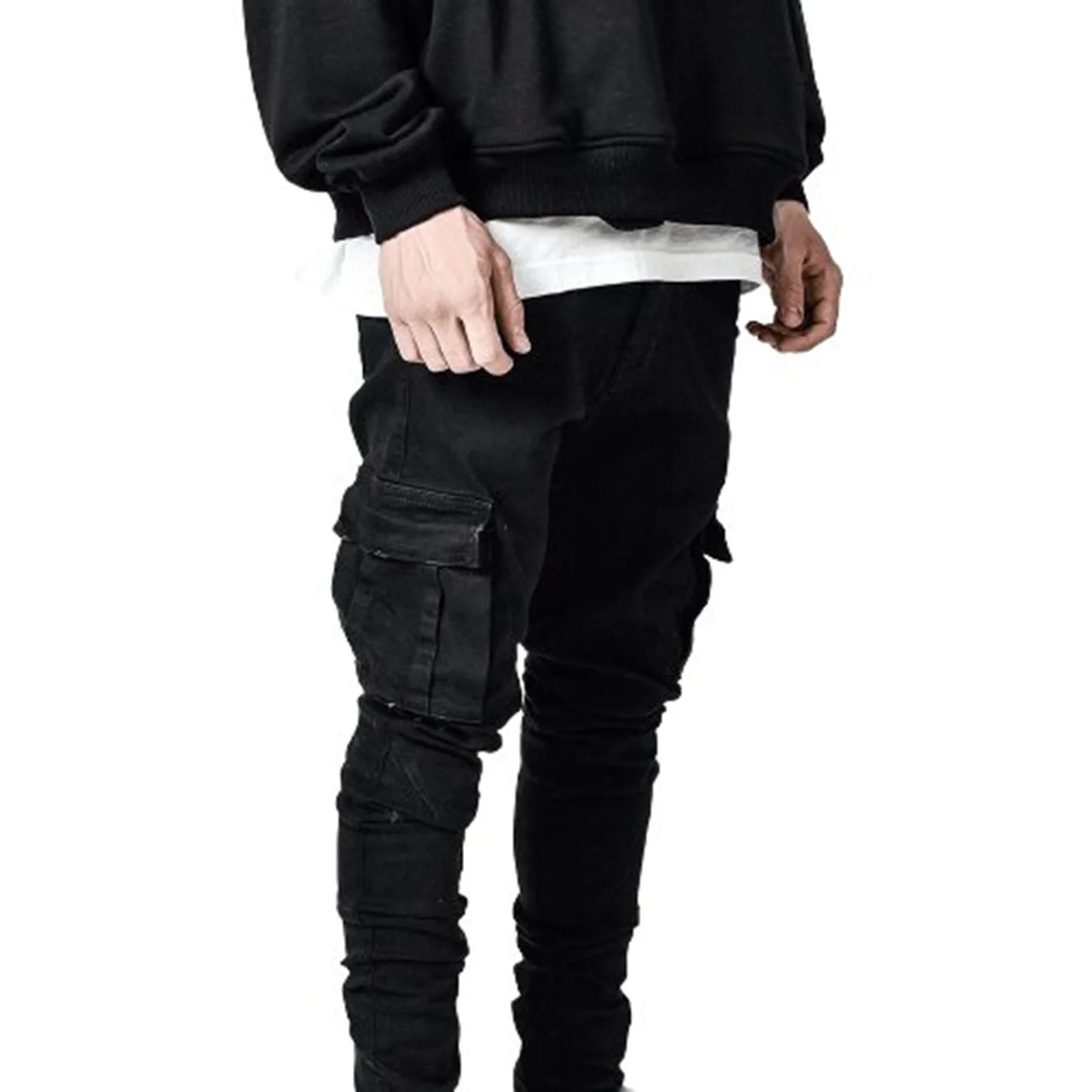Men's Black Stretch Denim Cargo Jeans — Slim Taper, Flap Pockets