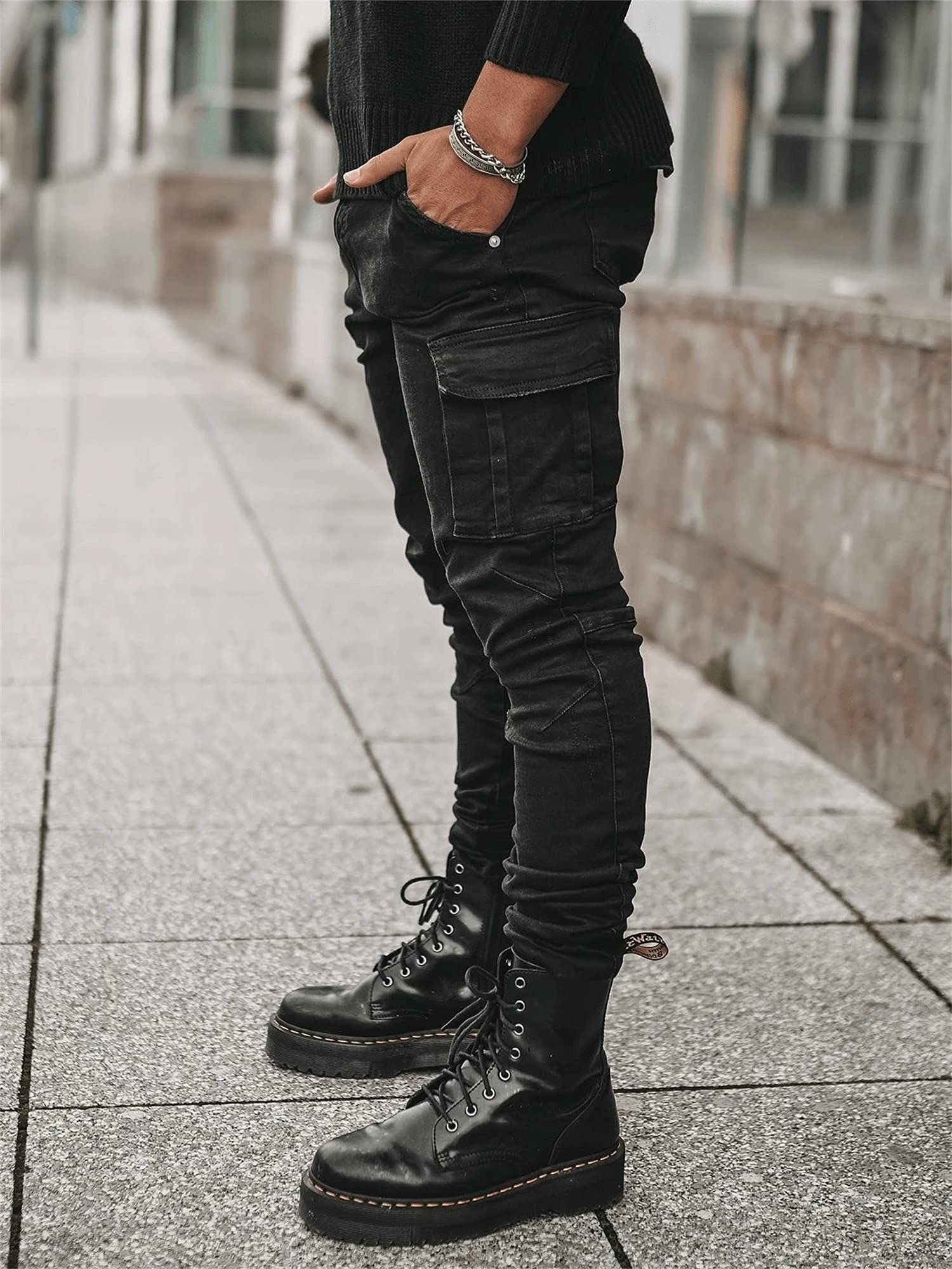 Men's Black Stretch Denim Cargo Jeans — Slim Taper, Flap Pockets, view 3