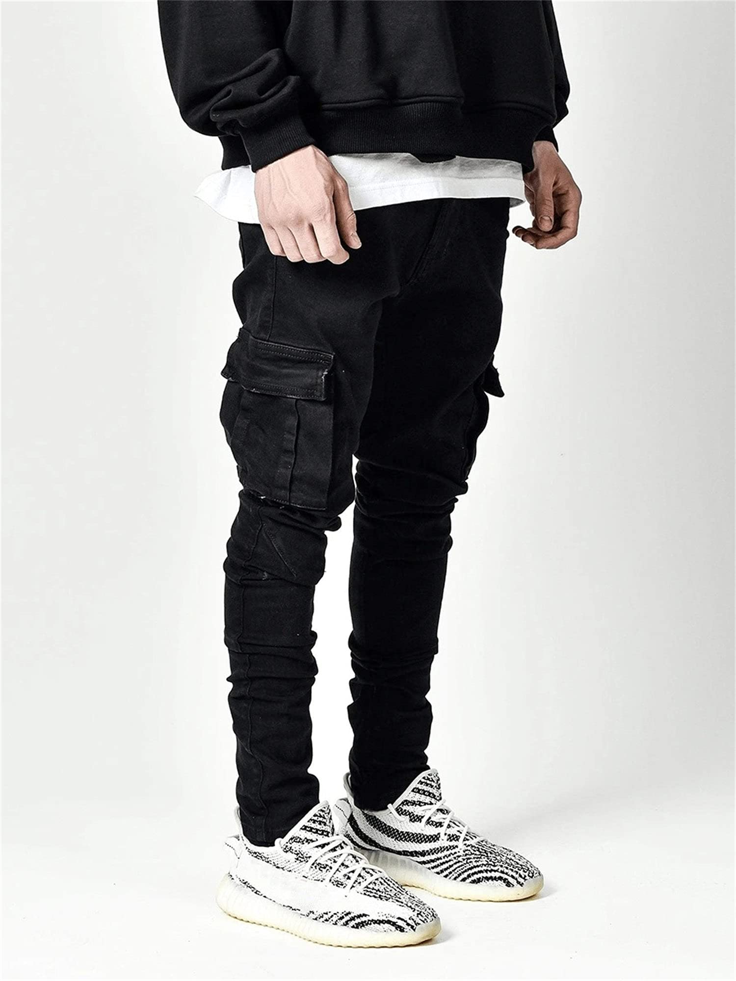 Men's Black Stretch Denim Cargo Jeans — Slim Taper, Flap Pockets, view 5