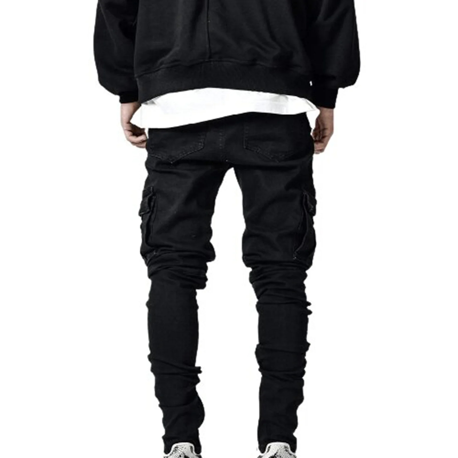 Men's Black Stretch Denim Cargo Jeans — Slim Taper, Flap Pockets, view 8