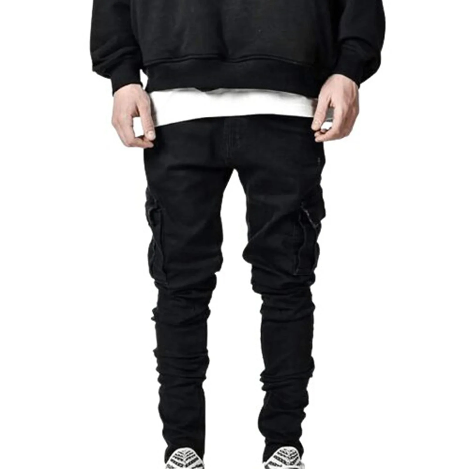 Men's Black Stretch Denim Cargo Jeans — Slim Taper, Flap Pockets, view 4