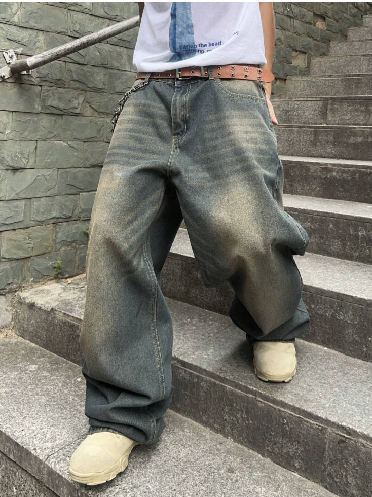 Men's Baggy Whiskered Jeans — Blue-Green Vintage Wash, No Stretch