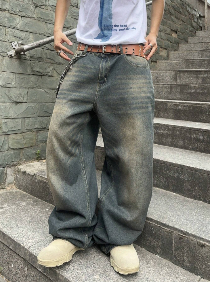 Men's Baggy Whiskered Jeans — Blue-Green Vintage Wash, No Stretch, view 2