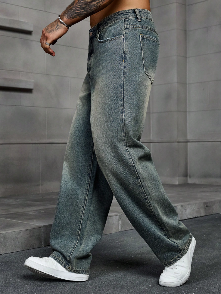 Men's Baggy Whiskered Jeans — Blue-Green Vintage Wash, No Stretch, view 3