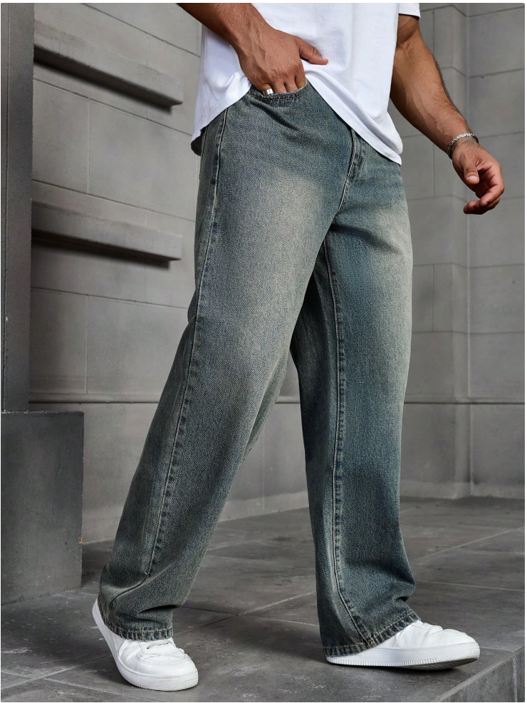 Men's Baggy Whiskered Jeans — Blue-Green Vintage Wash, No Stretch, view 4