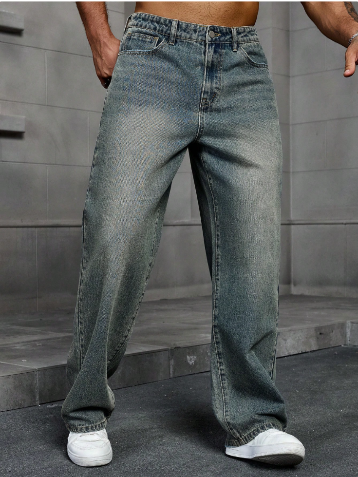 Men's Baggy Whiskered Jeans — Blue-Green Vintage Wash, No Stretch, view 5