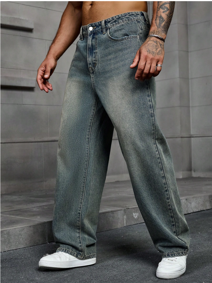 Men's Baggy Whiskered Jeans — Blue-Green Vintage Wash, No Stretch, view 6
