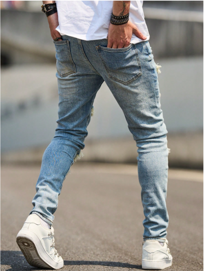 Men's Light Wash Ripped Skinny Jeans With Dark Denim Patches, view 4
