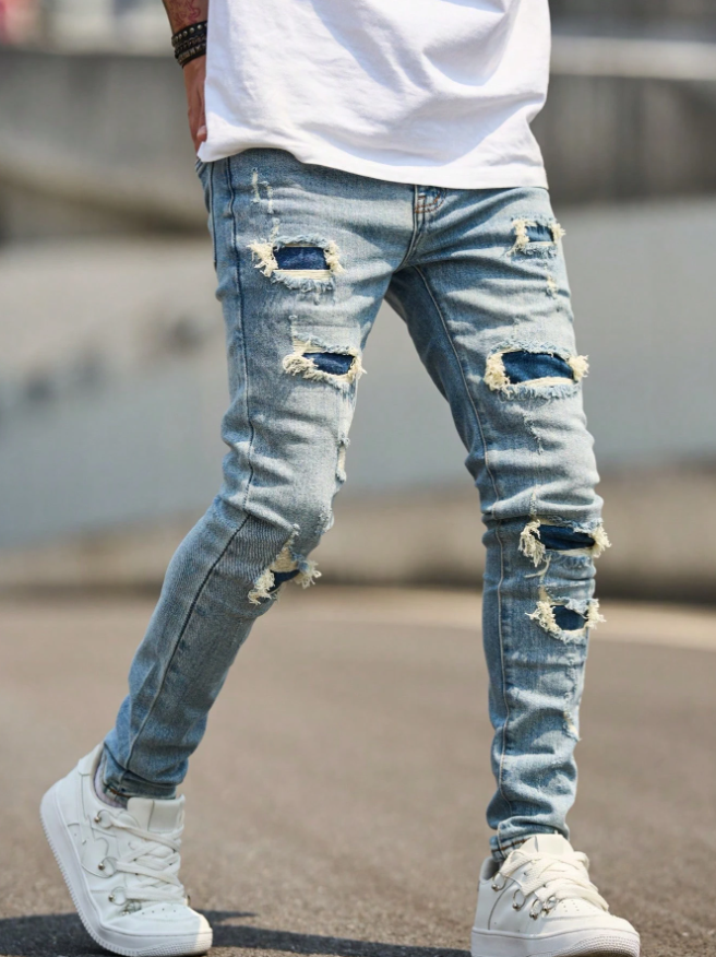 Men's Light Wash Ripped Skinny Jeans With Dark Denim Patches, view 2