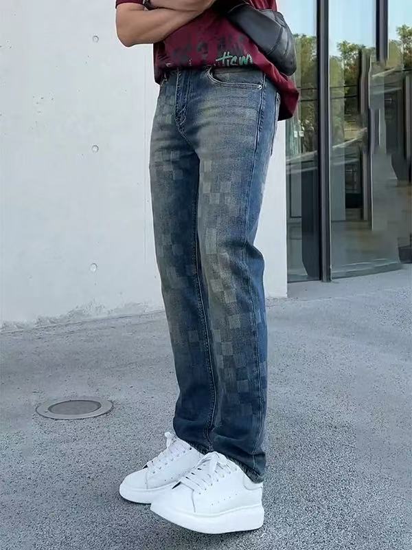 Men's Checkerboard Wash Straight Jeans — Vintage Blue Stretch Denim
