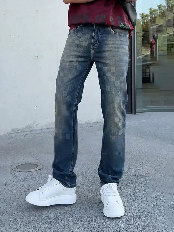 Men's Checkerboard Wash Straight Jeans — Vintage Blue Stretch Denim, view 2