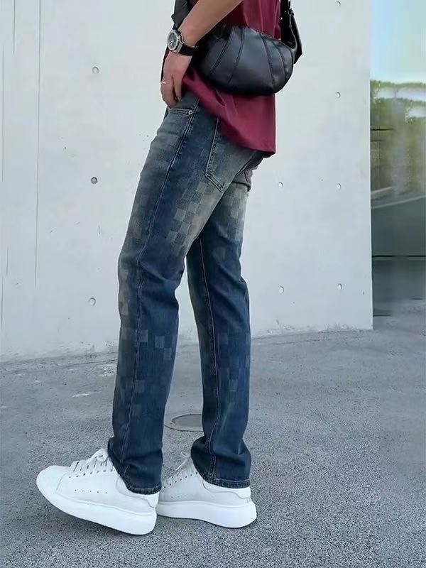 Men's Checkerboard Wash Straight Jeans — Vintage Blue Stretch Denim, view 3