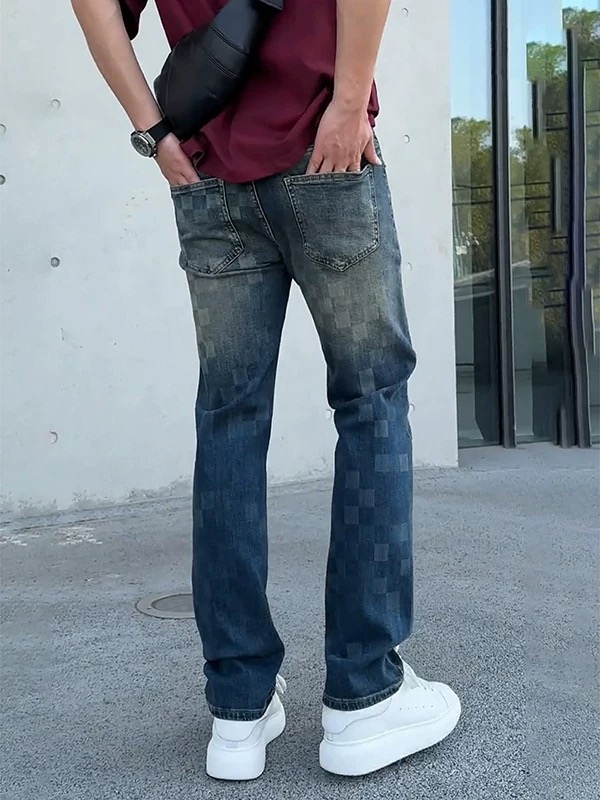 Men's Checkerboard Wash Straight Jeans — Vintage Blue Stretch Denim, view 4