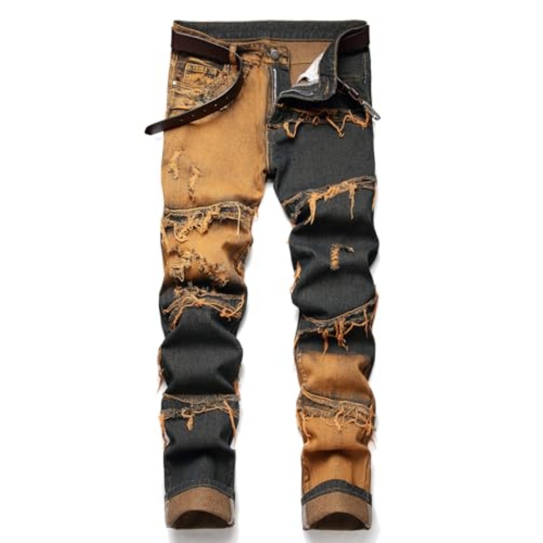 Men's Patchwork Ripped Jeans — Charcoal & Rust Slim Straight Denim