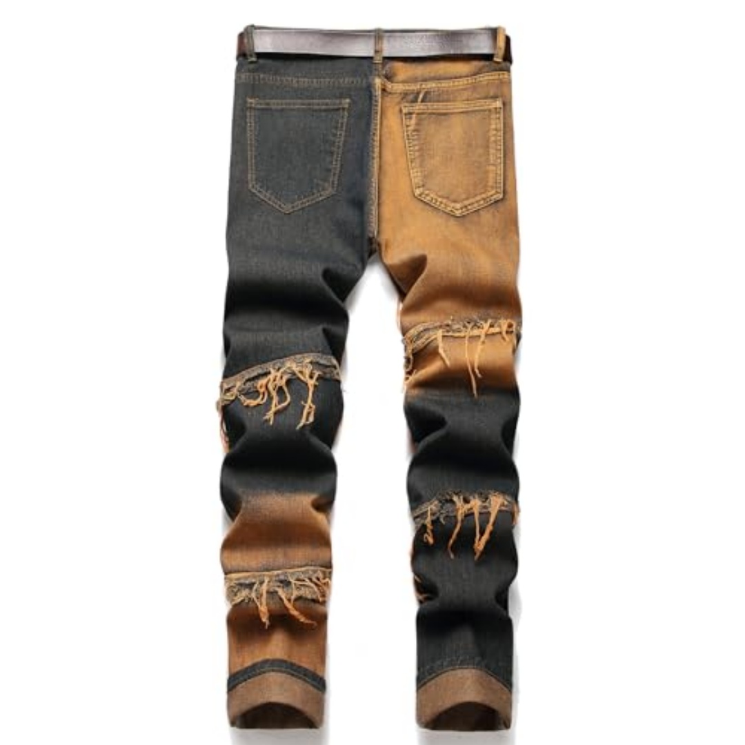 Men's Patchwork Ripped Jeans — Charcoal & Rust Slim Straight Denim, view 2