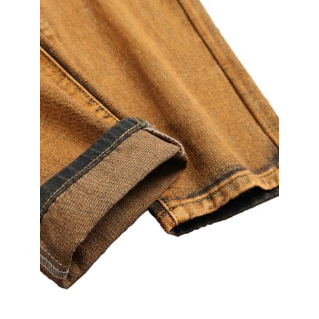 Men's Patchwork Ripped Jeans — Charcoal & Rust Slim Straight Denim, view 3