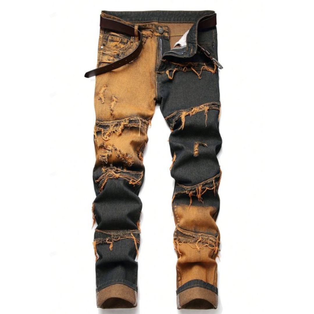 Men's Patchwork Ripped Jeans — Charcoal & Rust Slim Straight Denim, view 4