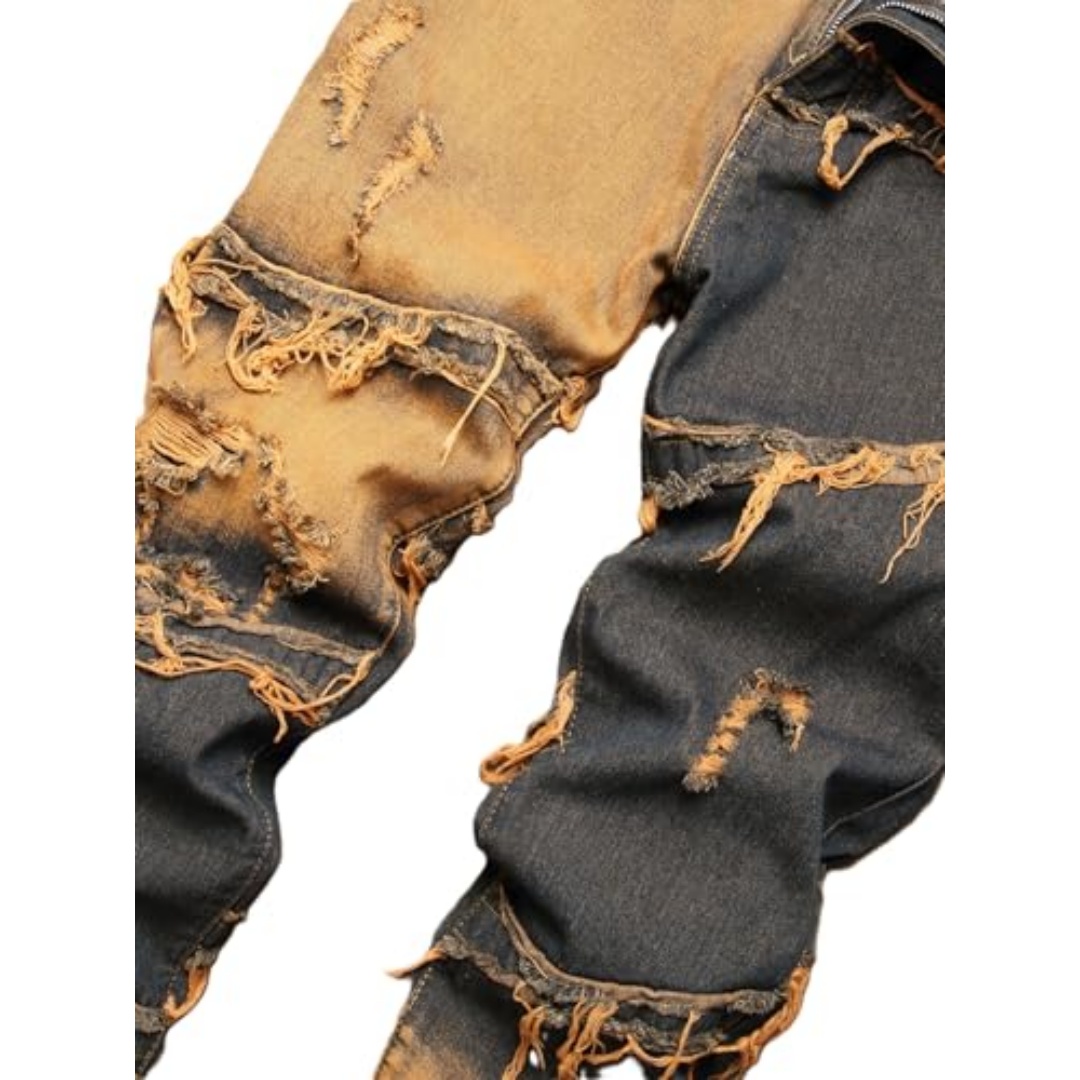 Men's Patchwork Ripped Jeans — Charcoal & Rust Slim Straight Denim, view 5