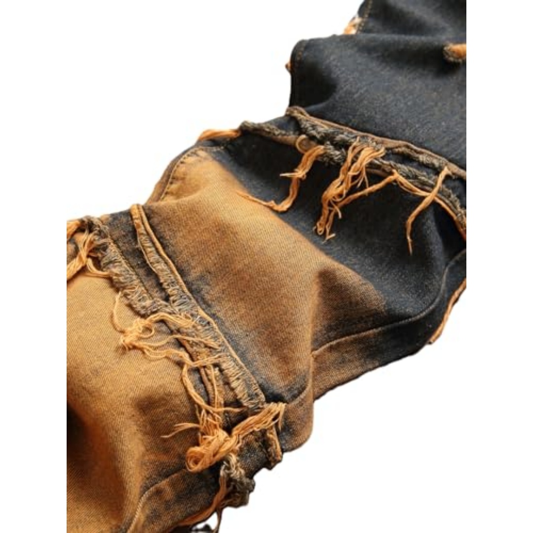 Men's Patchwork Ripped Jeans — Charcoal & Rust Slim Straight Denim, view 6