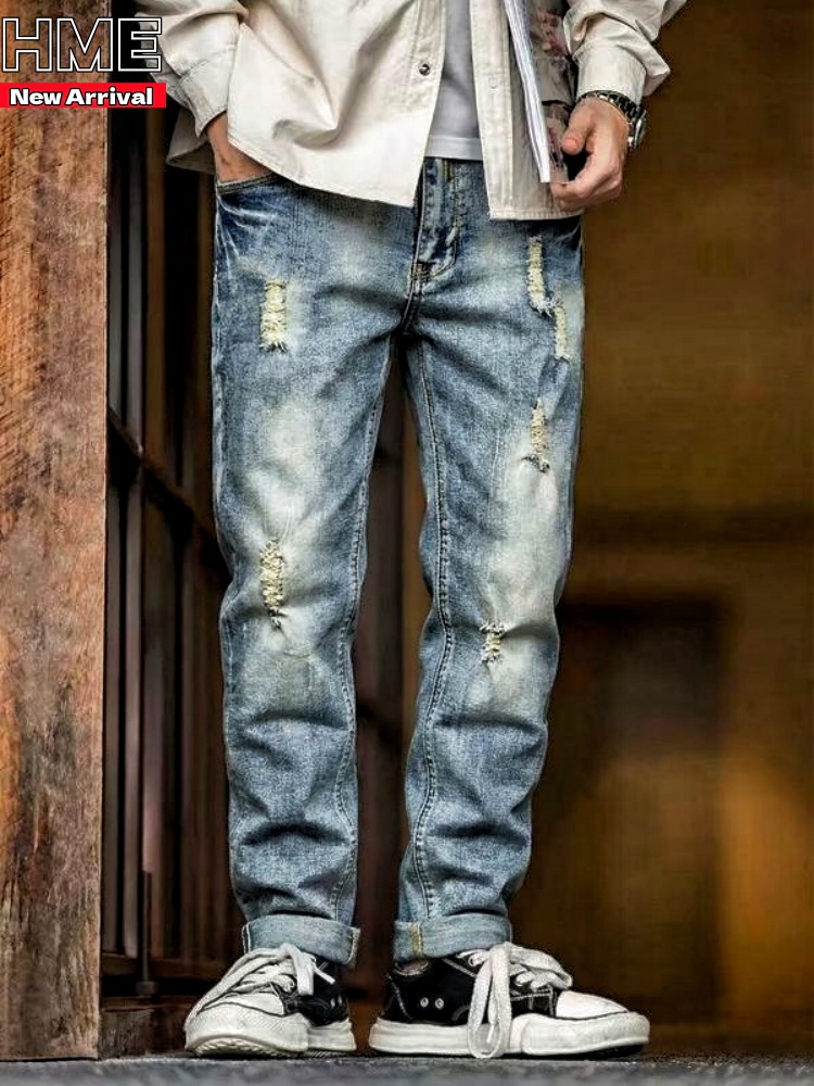 Men's Distressed Light Wash Stretch Jeans — Straight Leg, Slim Fit, view 3