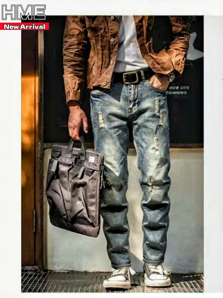 Men's Distressed Light Wash Stretch Jeans — Straight Leg, Slim Fit, view 2