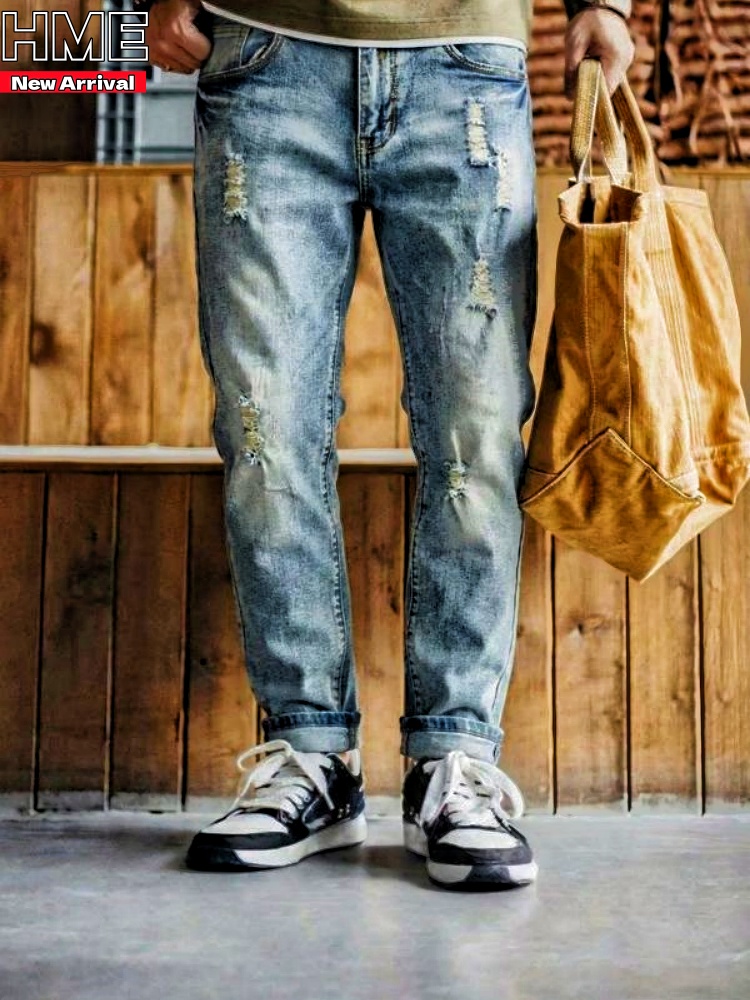 Men's Distressed Light Wash Stretch Jeans — Straight Leg, Slim Fit