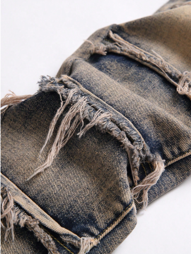 Men's Distressed Rust-Wash Denim Jeans — Shredded Panel Slim Straight, view 3
