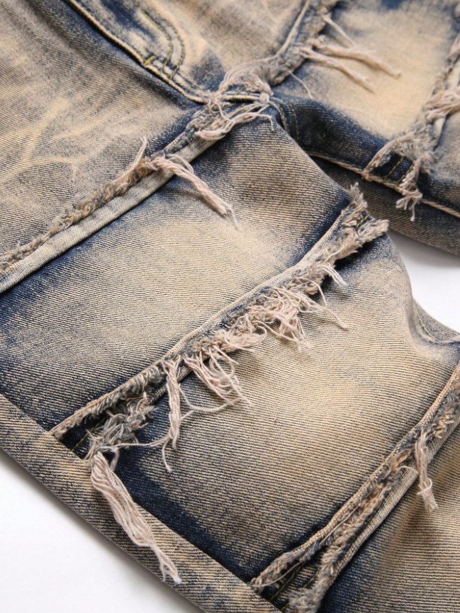 Men's Distressed Rust-Wash Denim Jeans — Shredded Panel Slim Straight, view 4