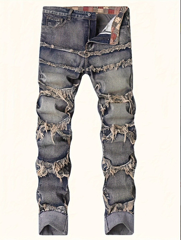 Men's Distressed Rust-Wash Denim Jeans — Shredded Panel Slim Straight