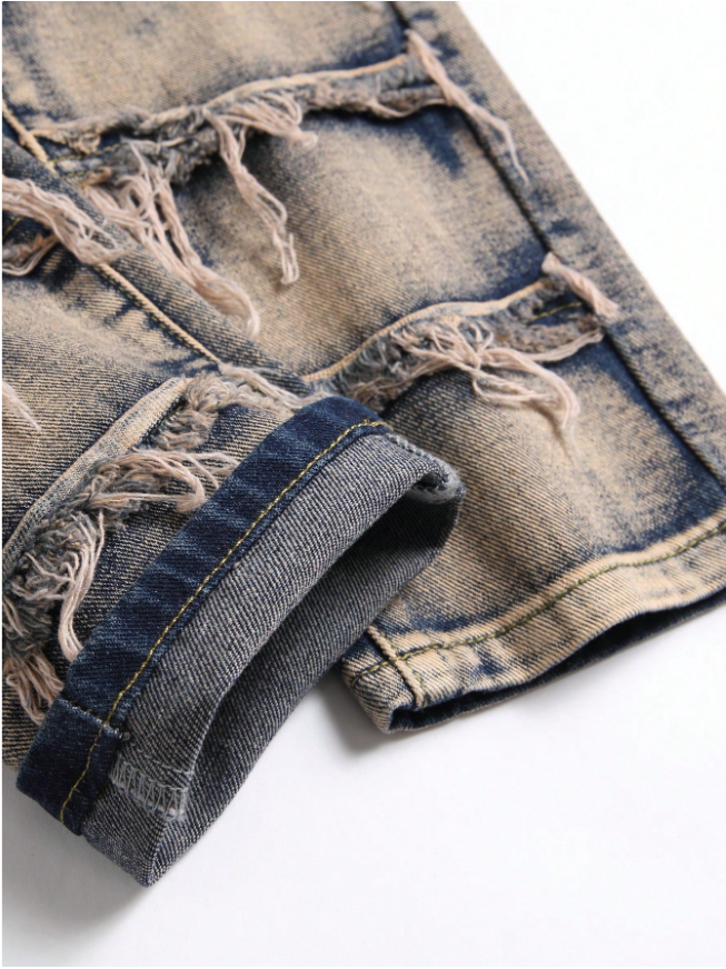 Men's Distressed Rust-Wash Denim Jeans — Shredded Panel Slim Straight, view 7
