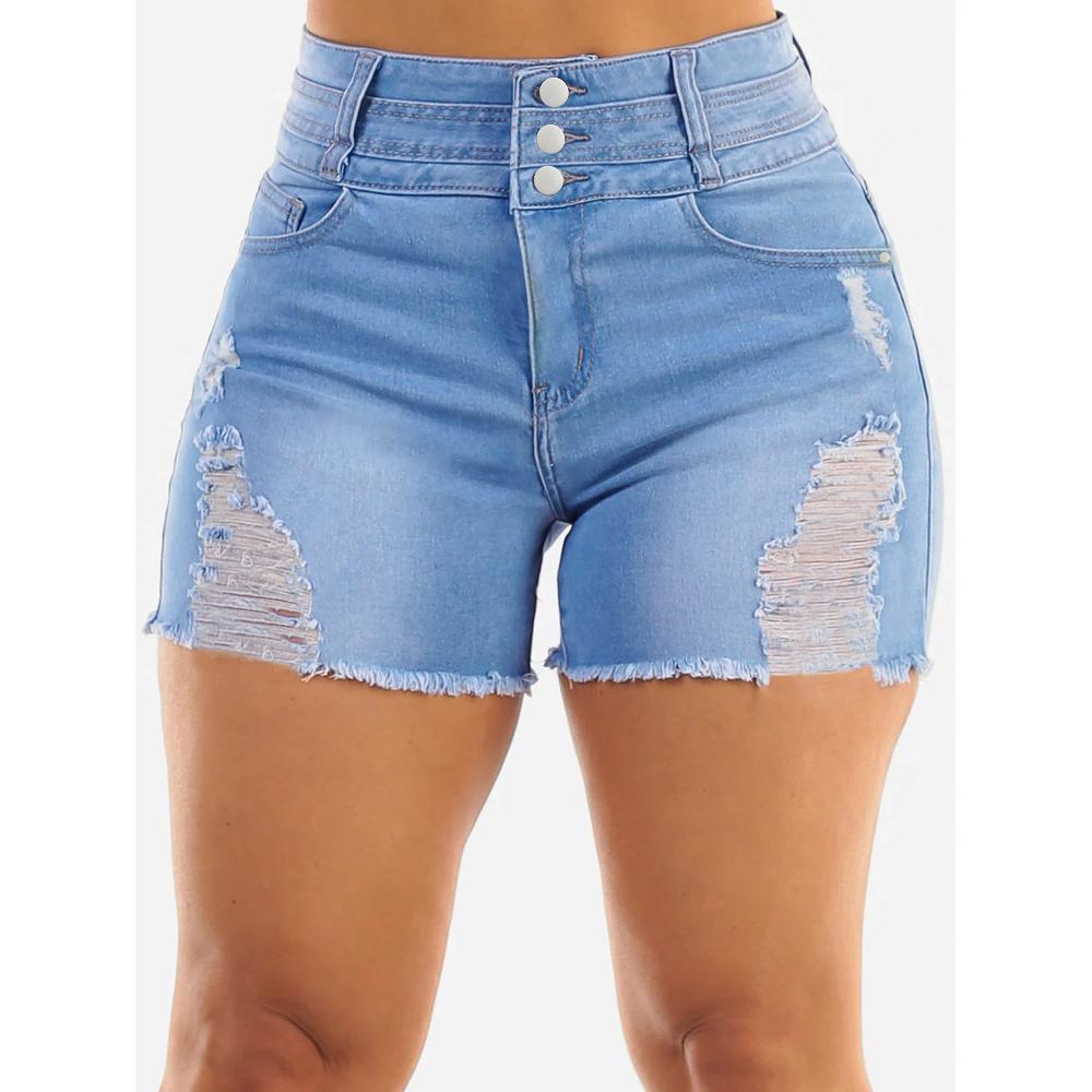 High-Waisted Light Wash Denim Shorts — Triple Button, Frayed Hem, view 2
