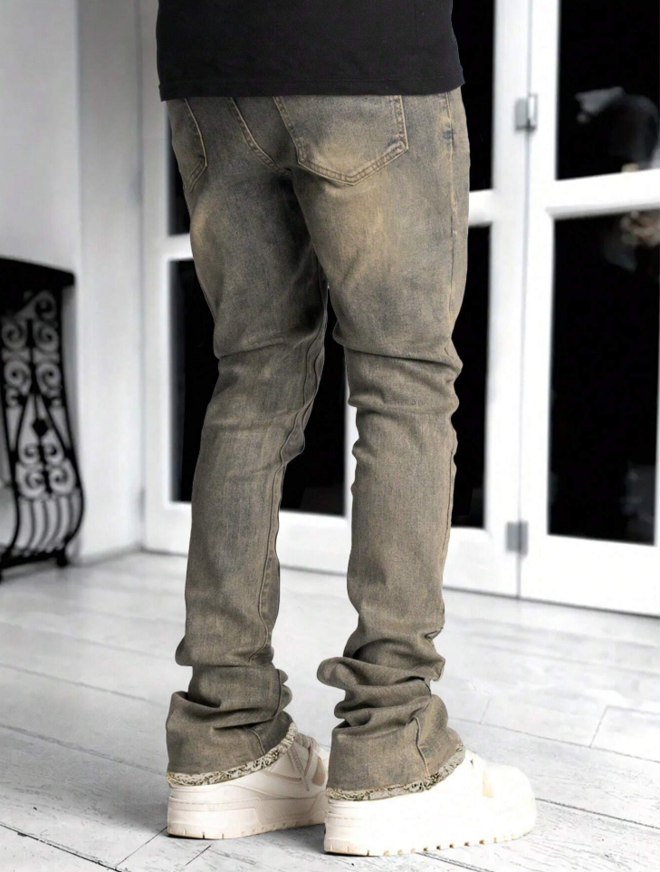 Men's Sand-Grey Mud Wash Stacked Jeans, Fleece-Lined Slim Straight, view 3