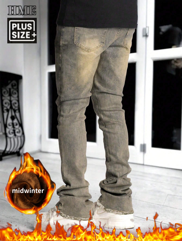 Men's Sand-Grey Mud Wash Stacked Jeans, Fleece-Lined Slim Straight, view 2