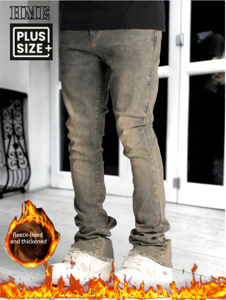 Men's Sand-Grey Mud Wash Stacked Jeans, Fleece-Lined Slim Straight