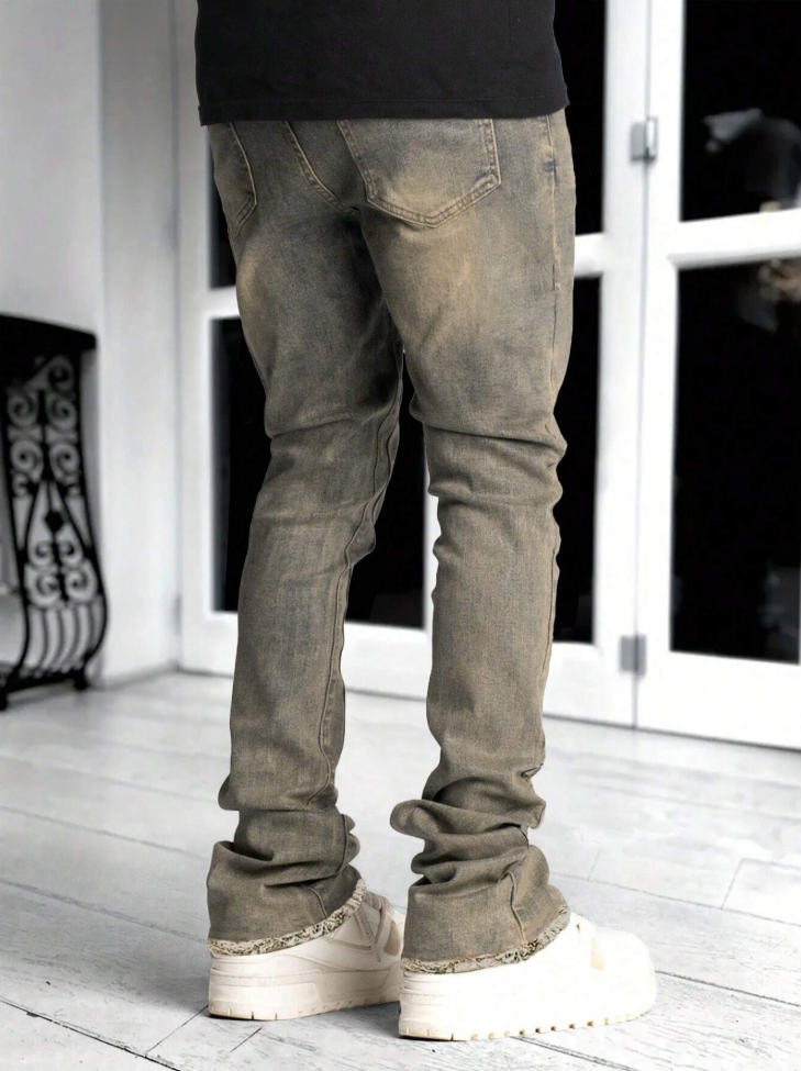 Men's Sand-Grey Mud Wash Stacked Jeans, Fleece-Lined Slim Straight, view 4