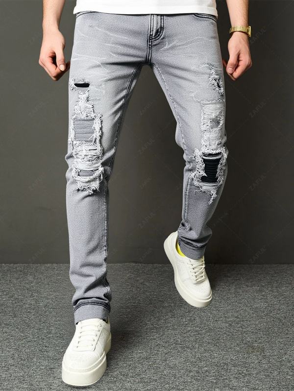 Men's Grey Ripped Skinny Jeans With Black Ribbed Knee Patches
