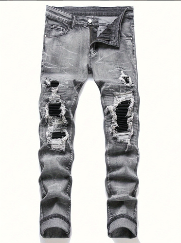 Men's Grey Ripped Skinny Jeans With Black Ribbed Knee Patches, view 2