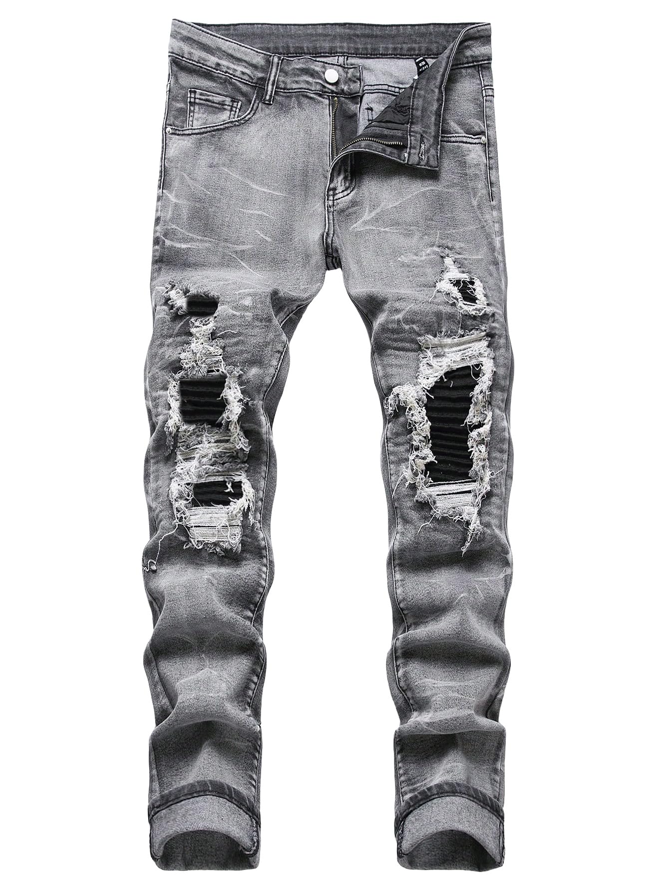 Men's Grey Ripped Skinny Jeans With Black Ribbed Knee Patches, view 8
