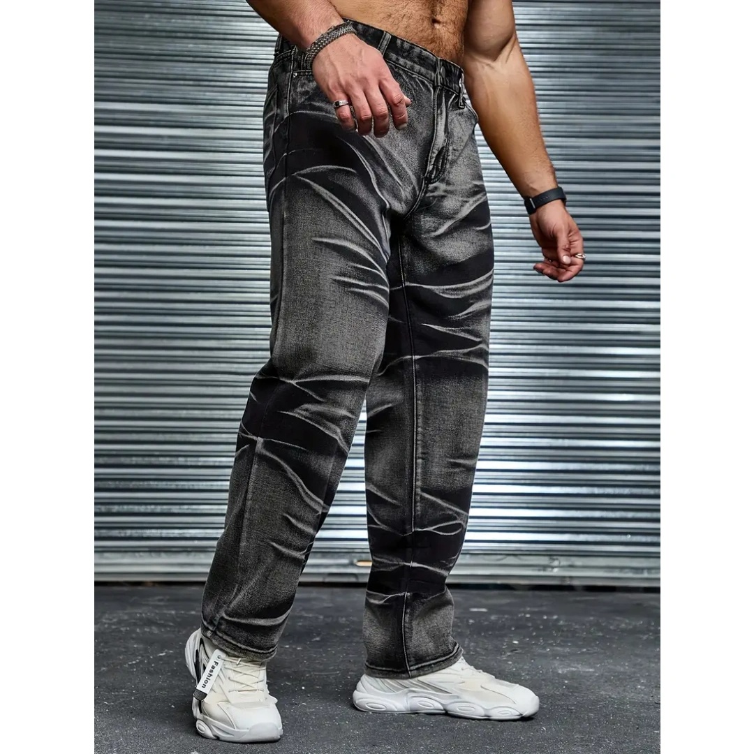 Men's Crinkle-Wash Black Denim Jeans — Straight Leg, Stretch, view 2