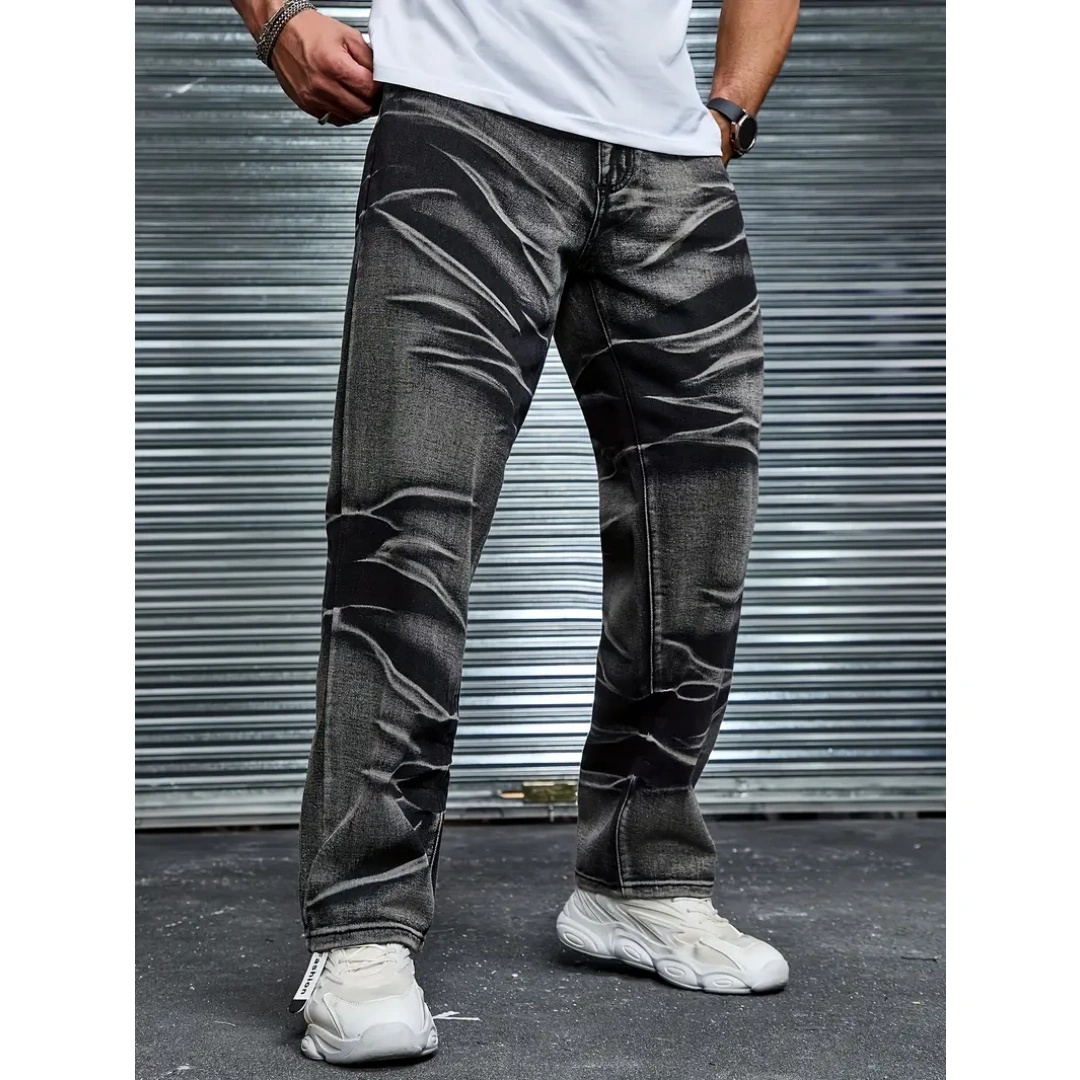 Men's Crinkle-Wash Black Denim Jeans — Straight Leg, Stretch