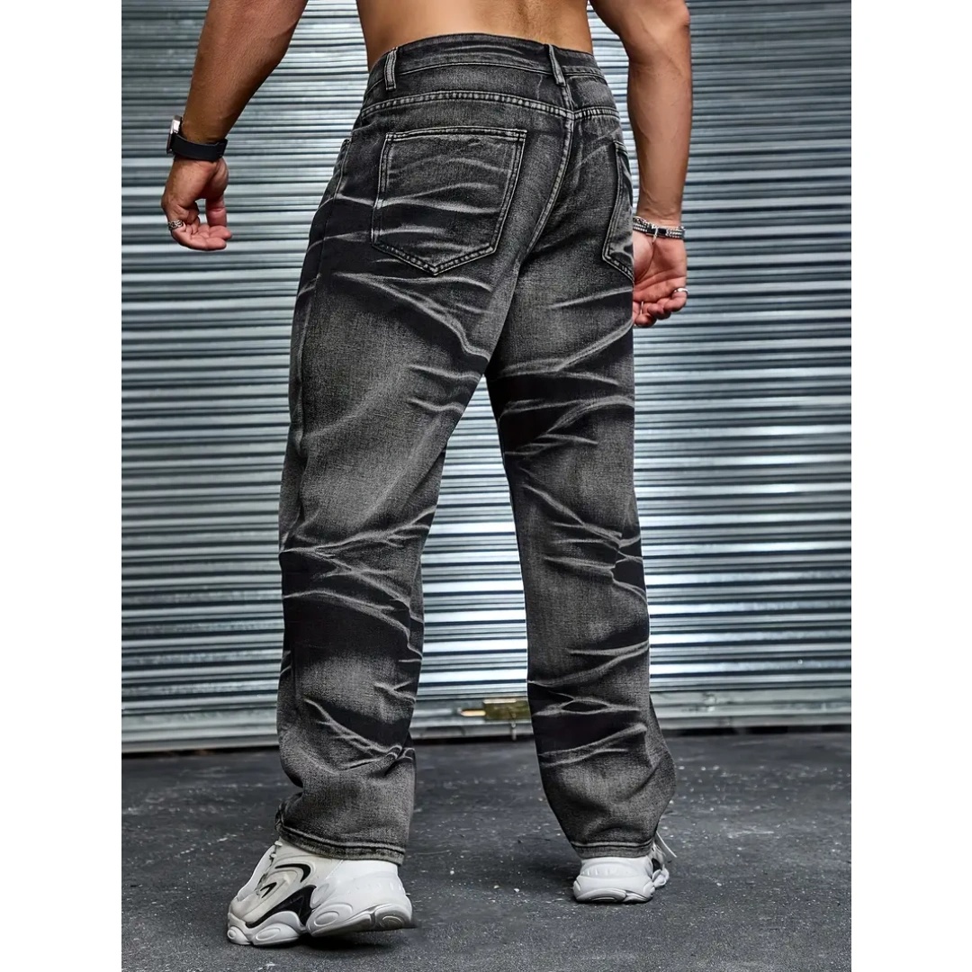 Men's Crinkle-Wash Black Denim Jeans — Straight Leg, Stretch, view 4