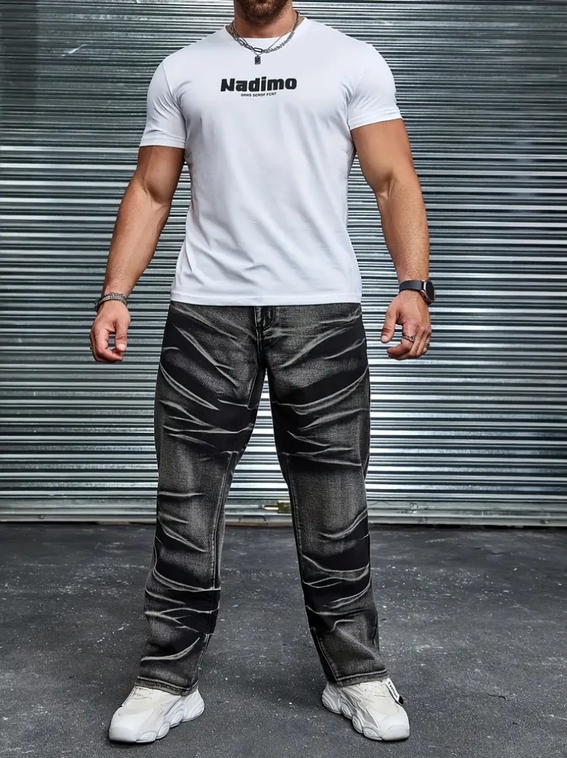 Men's Crinkle-Wash Black Denim Jeans — Straight Leg, Stretch, view 5