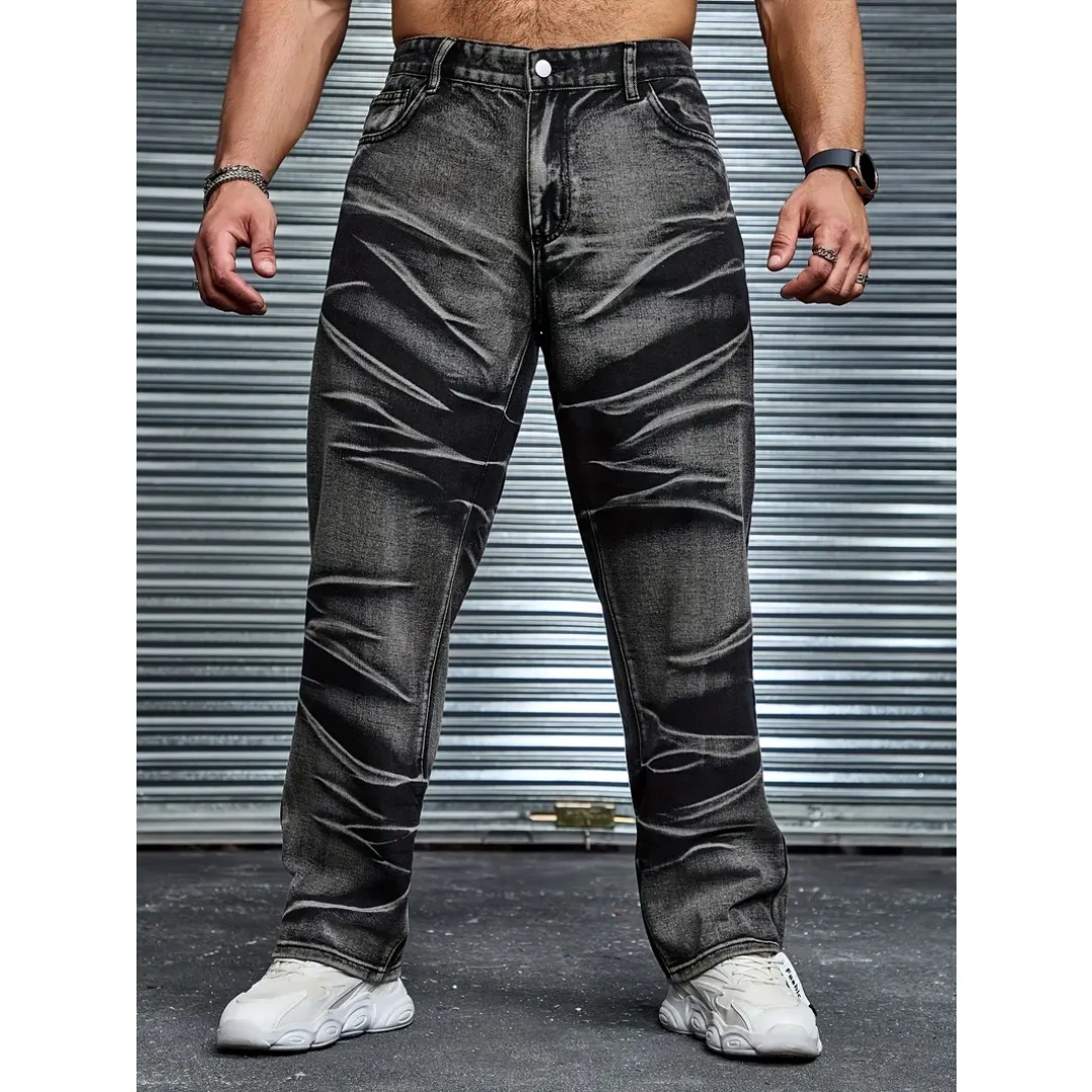 Men's Crinkle-Wash Black Denim Jeans — Straight Leg, Stretch, view 6