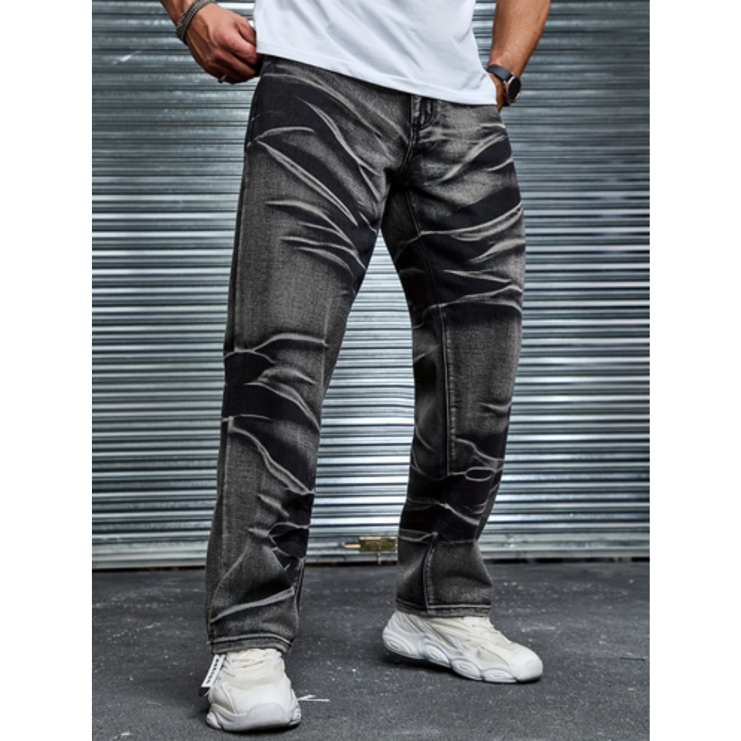 Men's Crinkle-Wash Black Denim Jeans — Straight Leg, Stretch, view 7