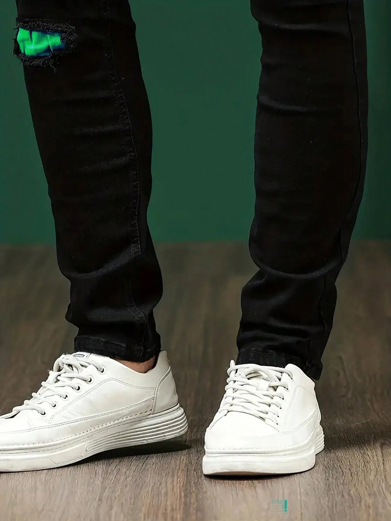 Men's Black Ripped Slim Straight Jeans With Neon Green Patches, view 2