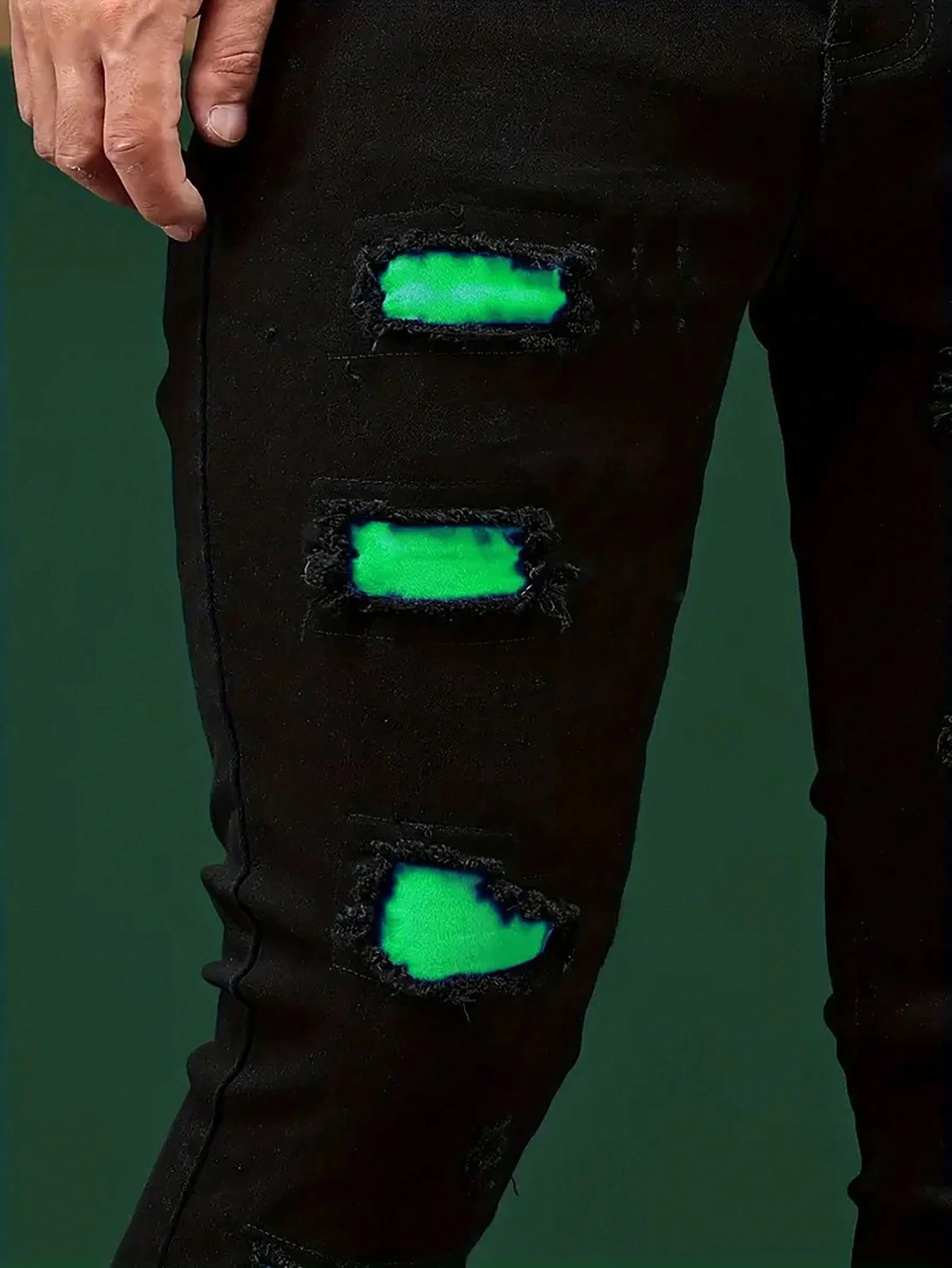 Men's Black Ripped Slim Straight Jeans With Neon Green Patches, view 3